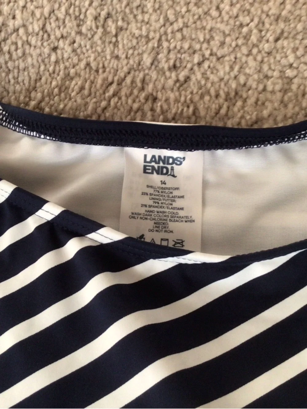 LANDS’ END TANKINI TOP- NAVY AND WHITE MIXED DIAGONAL STRIPE- SIZE 14 - Picture 3 of 7